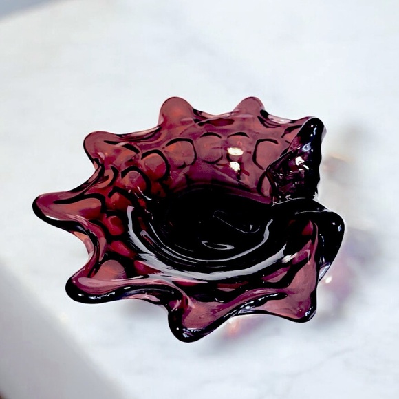 Vintage Amethyst Thumbprint Biomorphic Rolled Edge Art Glass Candy Dish - Picture 2 of 5